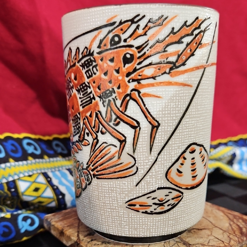 Vintage MCI Japan Yunomi Sushi Tea Cup | Textured Linen Ceramic Lobster & Clams